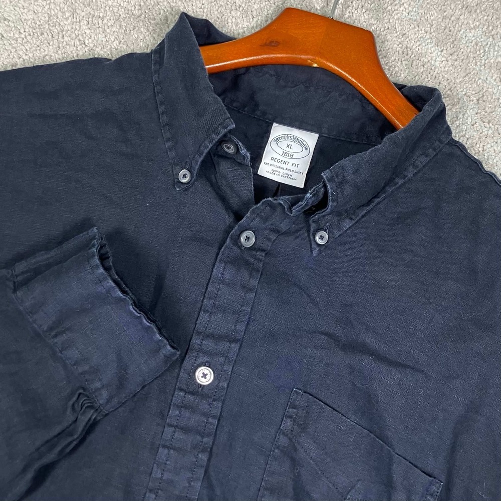Brooks Brothers Button Down Shirt Mens XL Navy Blue Regent Fit Linen Long Sleeve